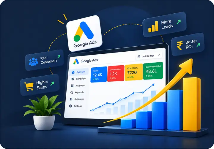 Illustration of a Google Ads dashboard with rising performance charts and labels for more leads, higher sales and better ROI