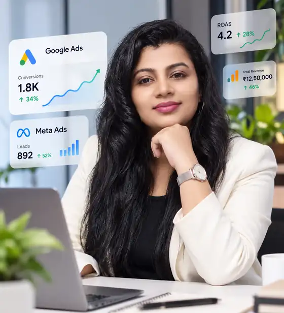 Bidxperts Google Ads specialist at her desk with campaign performance panels